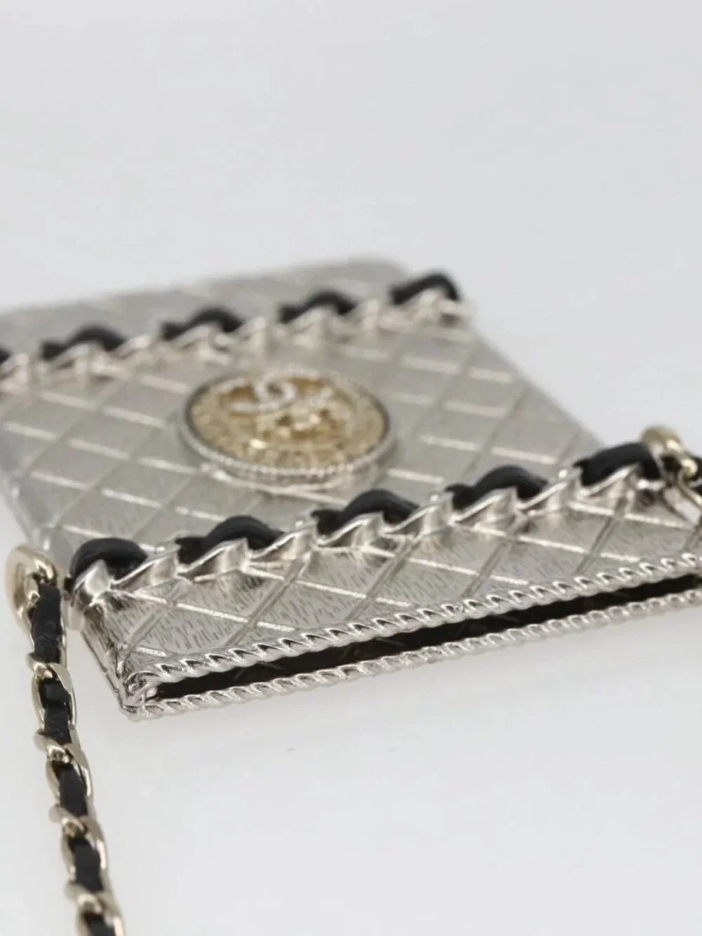CHANEL Chain Neck Card Case metal Silver tone CC Auth 164711SM